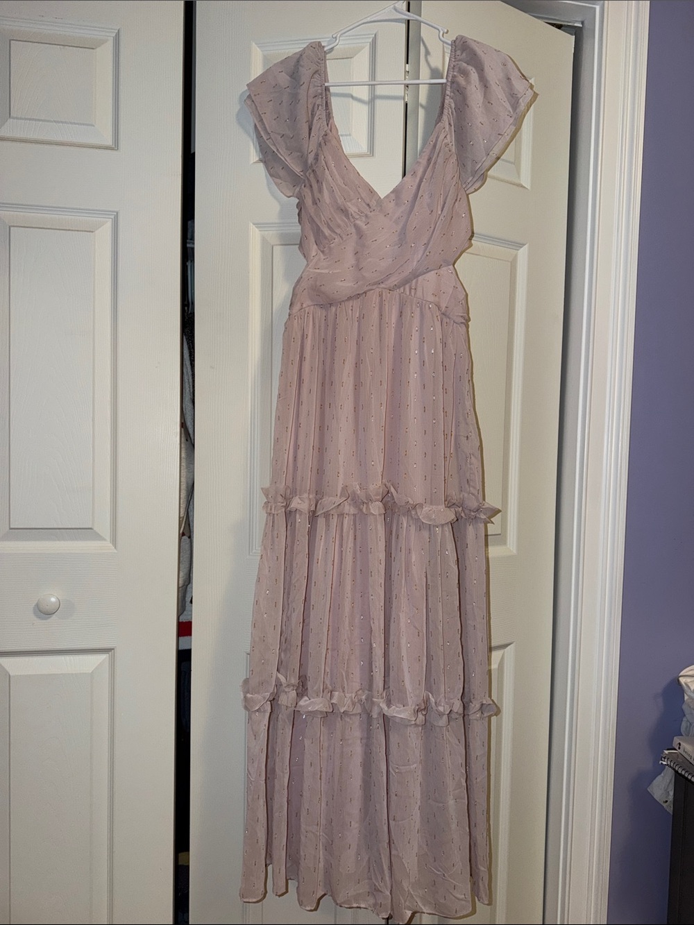 Francesca's Collections Dusty Mauve Dot-Tiered Flutter Maxi Dress